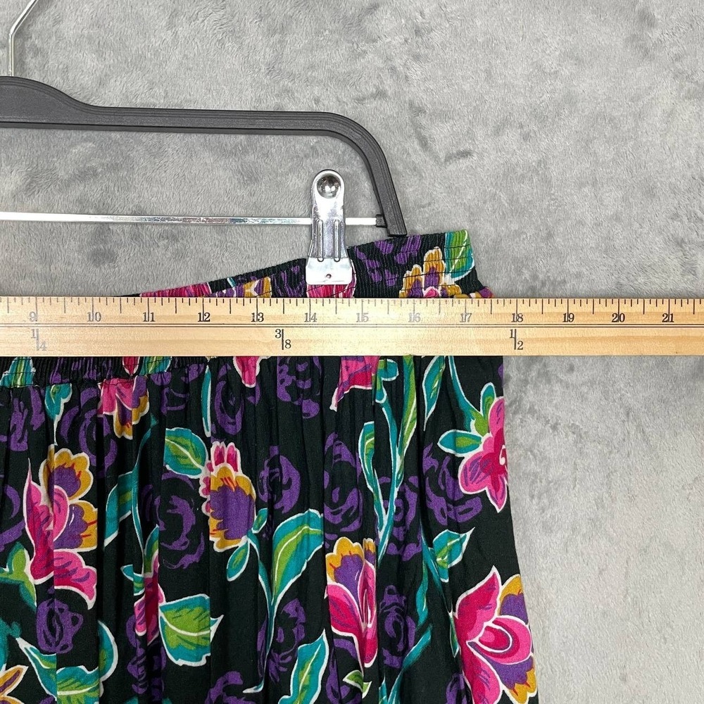 Vintage‎ 90s Black Floral Midi Skirt Elastic Waist Rayon Large/XL Cottagecore - Picture 3 of 7